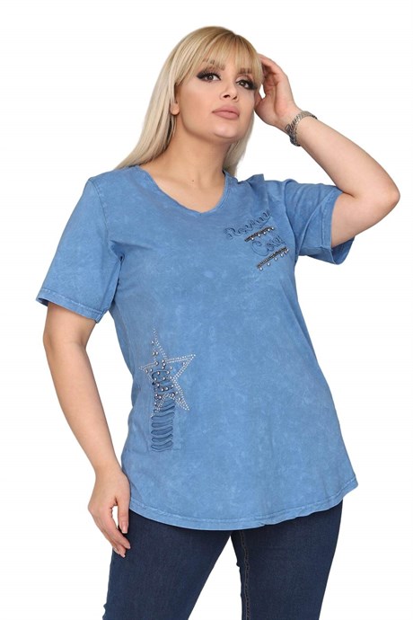Büyük Beden İtalyan Yıkamalı Mavi Yıldız İşlemeli Tshirt