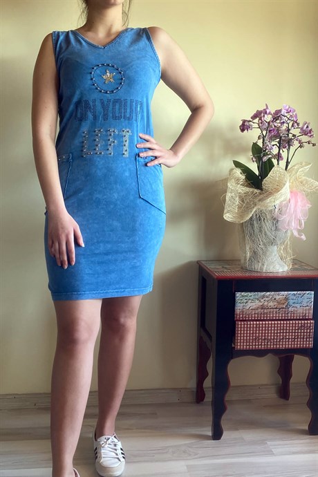 Kadın İtalyan Yıkamalı Kolsuz Mavi Elbise