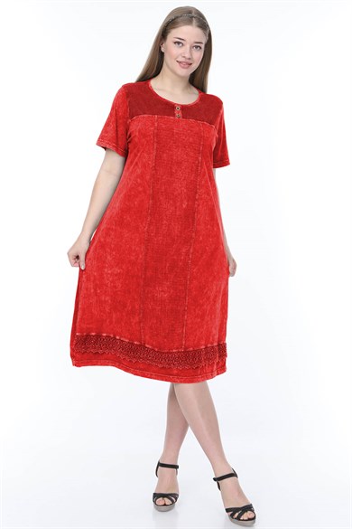 Büyük Beden İtalyan Yıkama Eteği Güpür Detaylı Kısa Kolu Kırmızı Elbise 