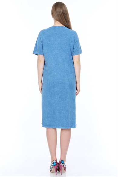 Büyük Beden İtalyan Yıkama Eteği Güpür Detaylı Kısa Kolu Mavi Elbise 