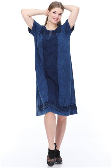 Büyük Beden İtalyan Yıkama Eteği Güpür Detaylı Kısa Kolu Lacivert  Elbise 