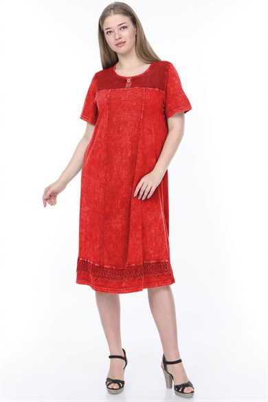 Büyük Beden İtalyan Yıkama Eteği Güpür Detaylı Kısa Kolu Kırmızı Elbise 