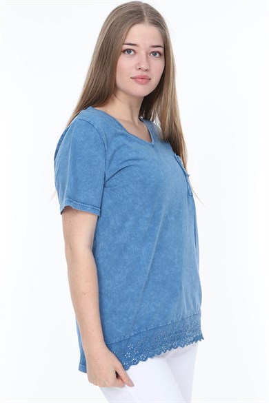Büyük Beden İtalyan Yıkamalı Mavi Cepli Tshirt