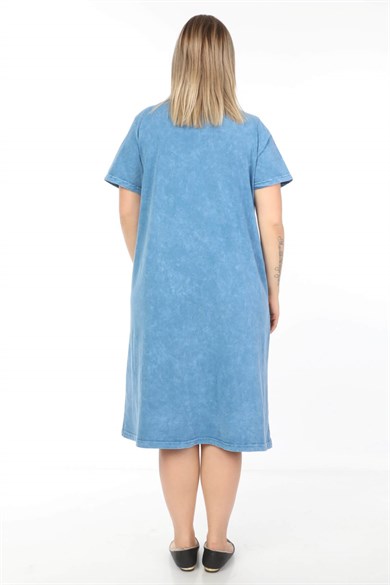 Büyük Beden İtalyan Yıkamalı Mavi Nakış Detay Elbise 