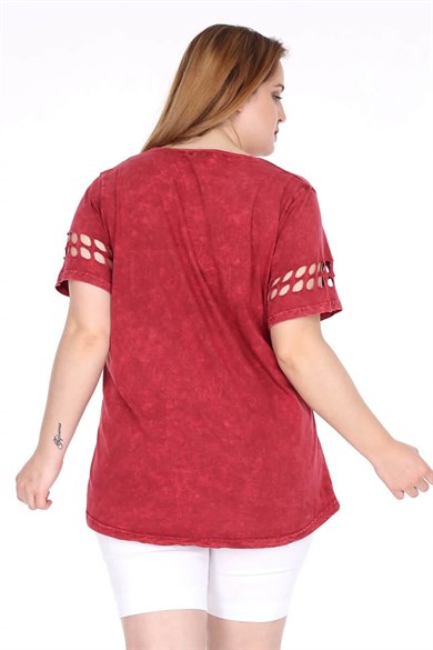 Büyük Beden Kırmızı İtalyan Yıkamalı Kolları Lazer Kesim Detaylı Tshirt 