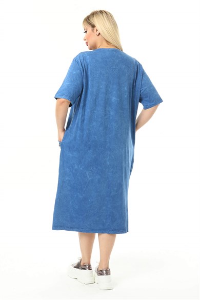 Büyük Beden Mavi Eteği Dantel Detaylı Elbise