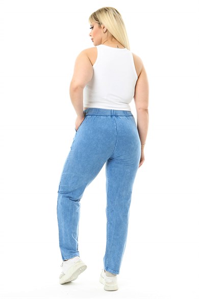 Büyük Beden Mavi İtalyan Yıkamalı Beli Lastikli Pantolon 