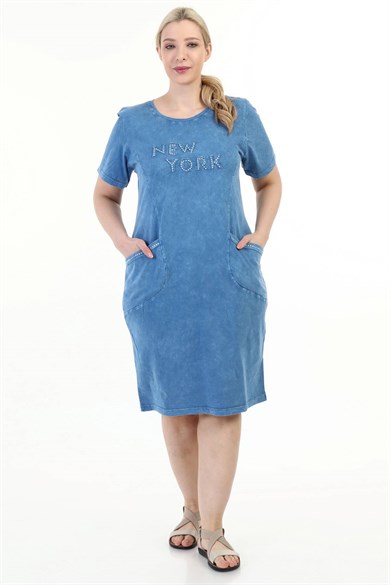 Büyük Beden Mavi İtalyan Yıkmalı Taş Ve Cep Detaylı Elbise