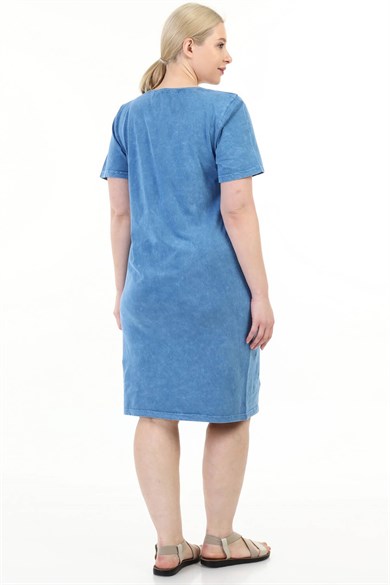 Büyük Beden Mavi İtalyan Yıkmalı Taş Ve Cep Detaylı Elbise