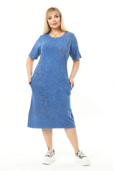 Büyük Beden Mavi Küçük Taşlarla Detaylı Elbise