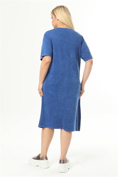 Büyük Beden Mavi Omuzları File Detaylı Elbise