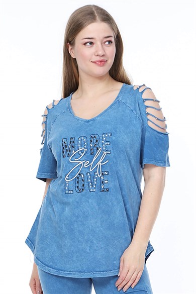 Büyük Beden Mavi Pamuklu Omuz Detaylı T-shirt
