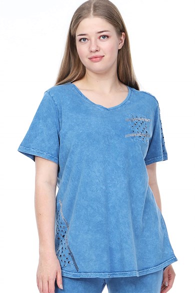Büyük Beden Mavi Pamuklu Tek Omuz Delik Detaylı Lacivert Tshirt