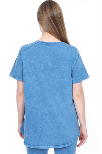 Büyük Beden Mavi Pamuklu Tek Omuz Delik Detaylı Lacivert Tshirt