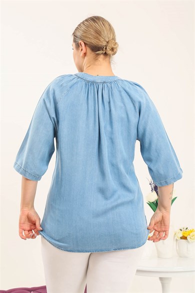 Büyük Beden Mavi Tencel Tasarım Rahat Kesim Gömlek