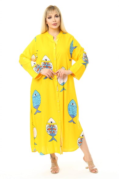 Büyük Beden Sarı Balık Desenli Elbise