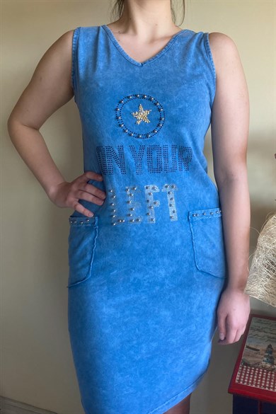 Kadın İtalyan Yıkamalı Kolsuz Mavi Elbise