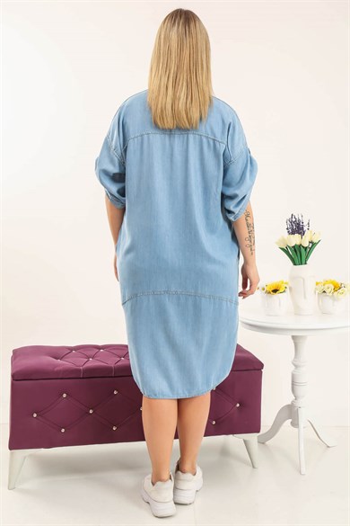 Kadın Mavi Tencel Tasarım Rahat Kesim Elbise 