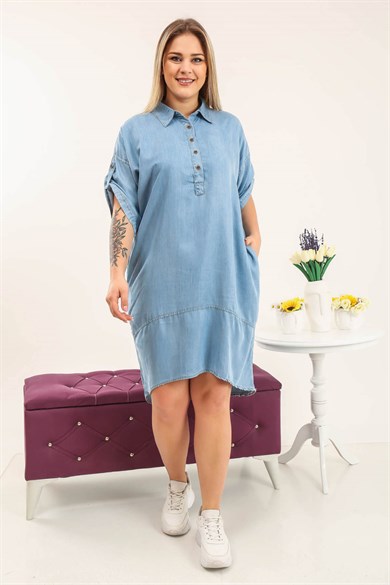 Kadın Mavi Tencel Tasarım Rahat Kesim Elbise 