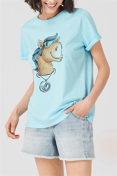 Kadın Sevimli At Baskılı Mavi Basic Tshirt