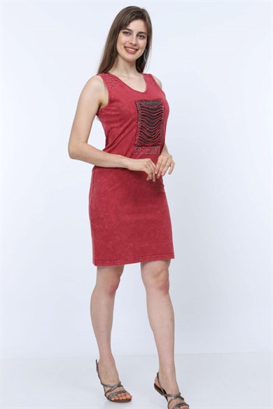 Kadın V Yaka Kare Pul Paletli Koyu Kırmızı Elbise