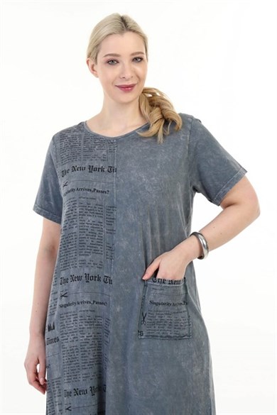 Keten Pamuk Gazete Baskılı Elbise 