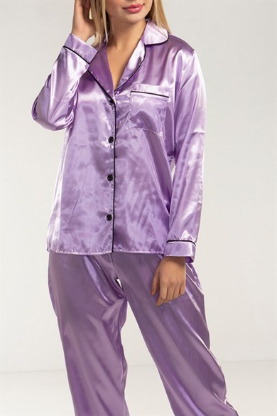 Lila Saten Pijama Takımı